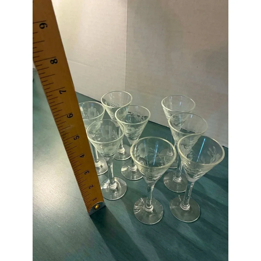 Vintage Cordial Wine Glasses Set of 8 Clear Etched Floral Stemware Aperitif